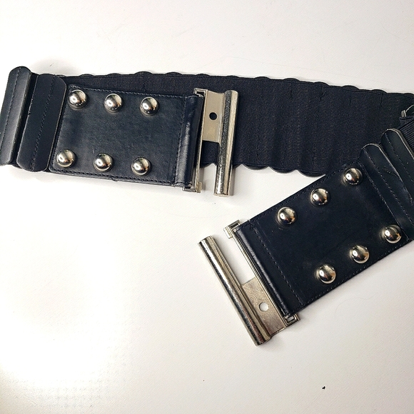 Source Unknown Accessories - WIDE Elastic Faux Leather Sections Metal Studs Buckle 80's Y2K Goth Grunge Belt